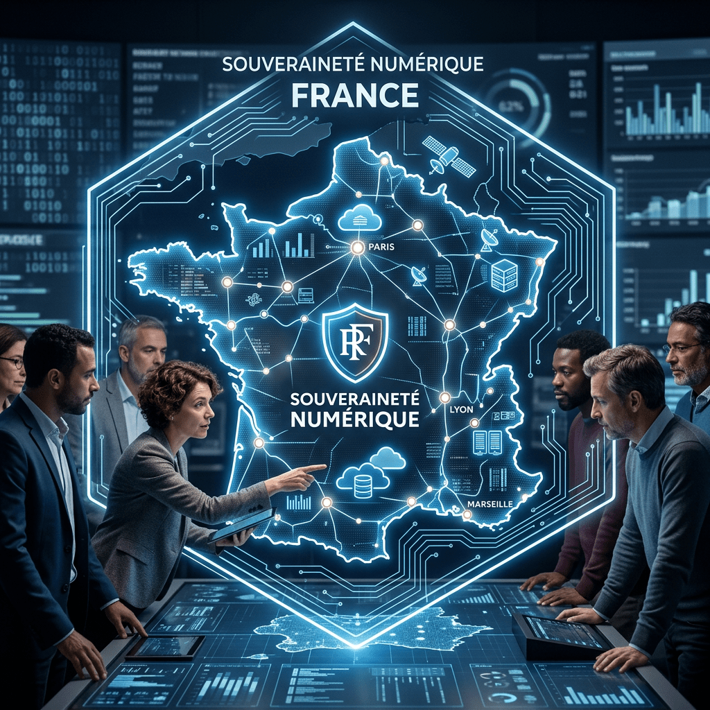 Team discussing France's digital sovereignty with interactive digital map highlighting Paris, Lyon, and Marseille