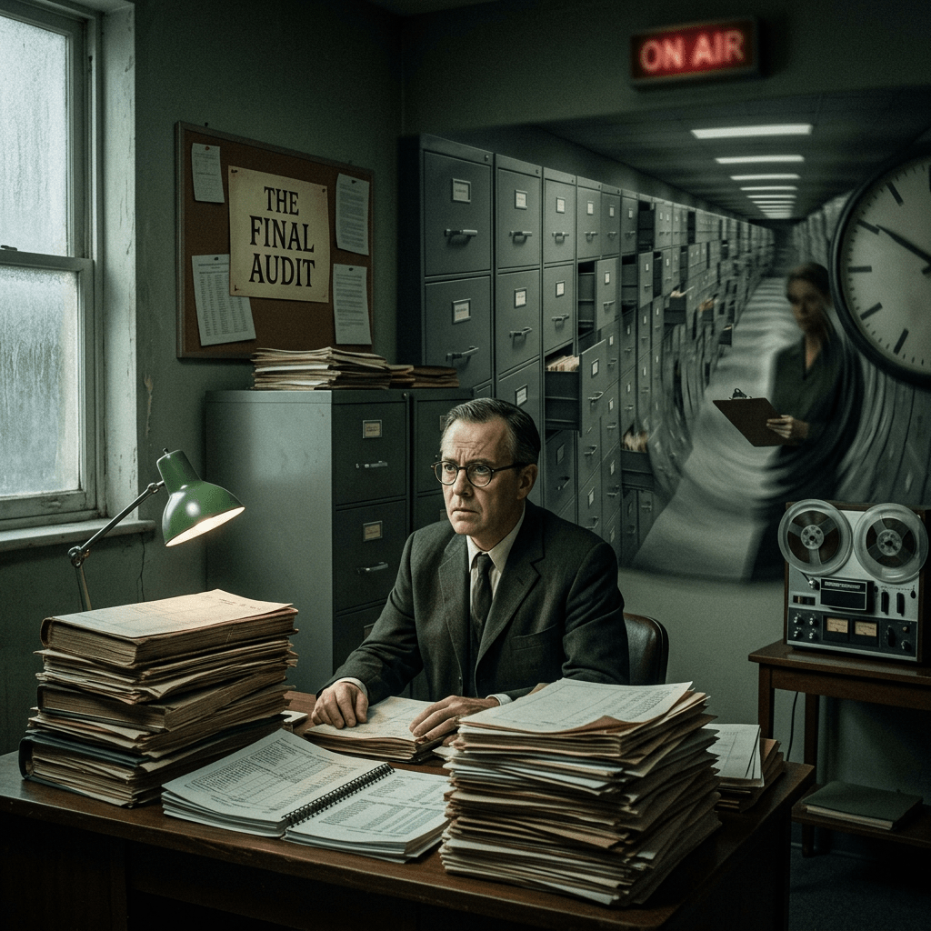Man in suit reviewing paperwork at desk filled with stacks of documents in an office labeled 'The Final Audit'