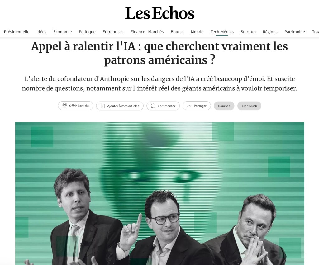 Trois hommes discutent des implications de l'intelligence artificielle, avec un arrière-plan numérique et abstrait.